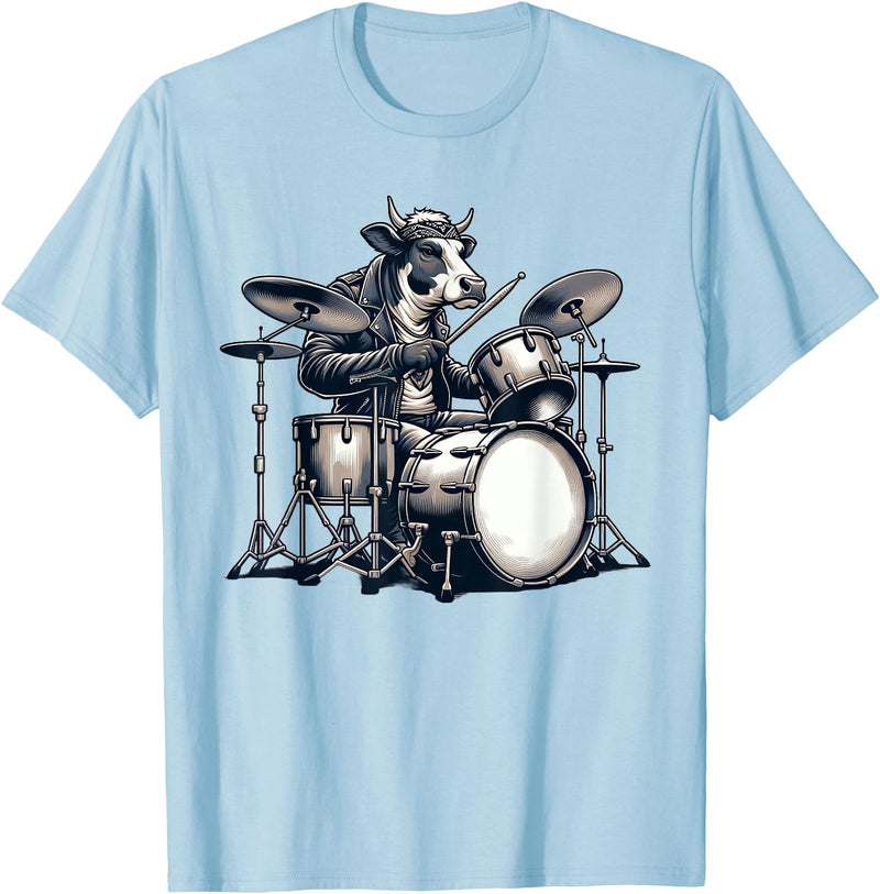 Cute Cow Playing Drums Cow Lover Apparel Cute Cow Playing Drums Cows Drummer Music T-Shirt - Baby Blue