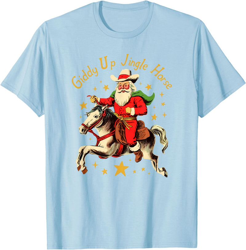 SuminSusi Funny Christmas Giddy Up Jingle Horse Unisex T-Shirt for Men, Women - Black, Small, Short Sleeve, Classic Fit, Polyester, Crew Neck, Cartoon, Fun, Christmas, Adults - Baby Blue