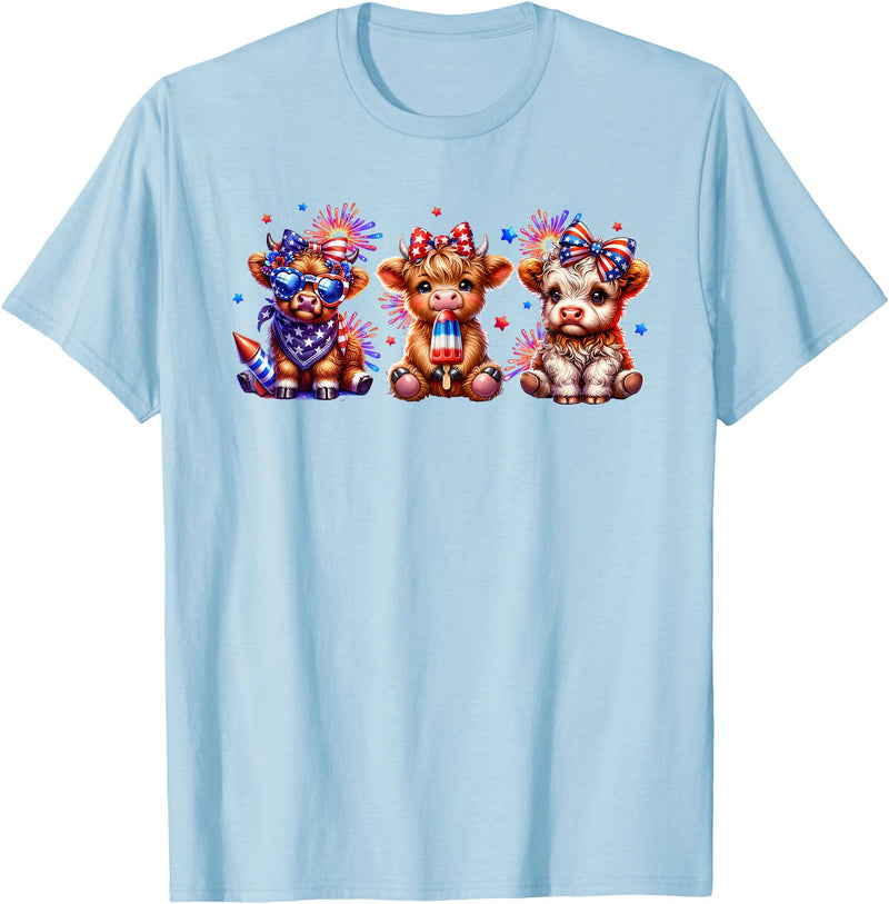 July 4th Highland Cow Farm Lovers American Costume Highland Cow Cattle Animal Lover Patriotic 4th of July T-Shirt - Baby Blue