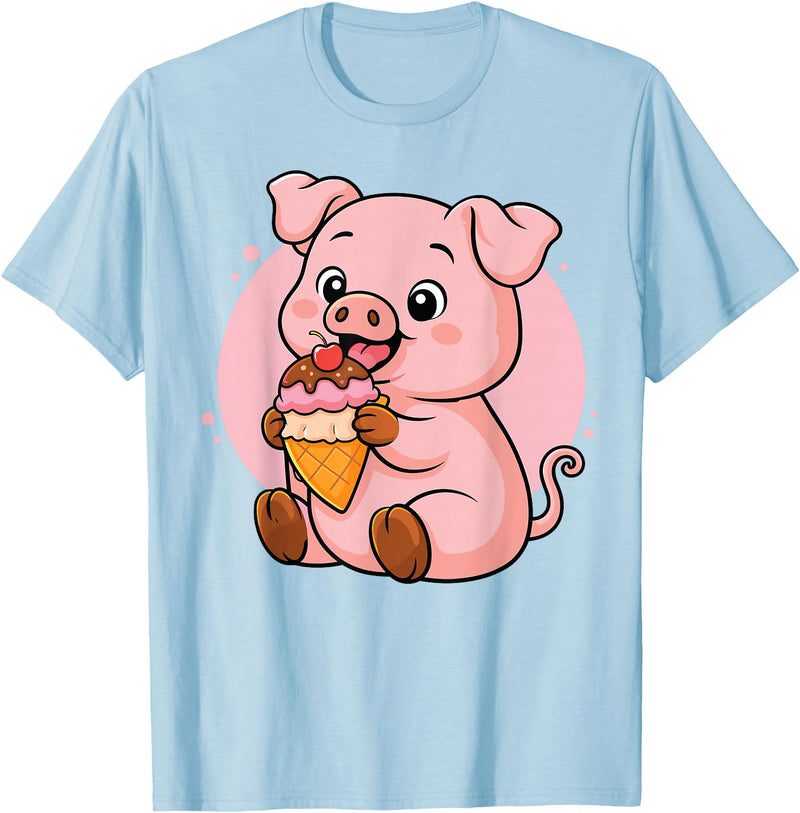 Funny Cute Pig Ice Cream Kawaii Design Pig Eating Ice Cream Graphic Boys Girls Pig Lover T-Shirt - Baby Blue