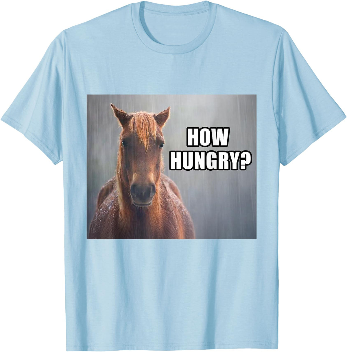 Funny Silly Horse Memes How Hungry? Sad Horse Meme Funny T-Shirt - Baby Blue