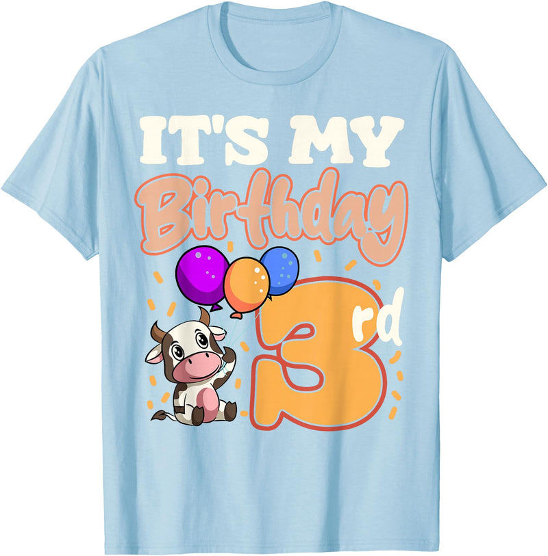 Cow Birthday 3 Party Farmyard Apparel Cow 3rd Birthday Party Balloons Moo Farm Animal Vet Barn T-Shirt - Baby Blue