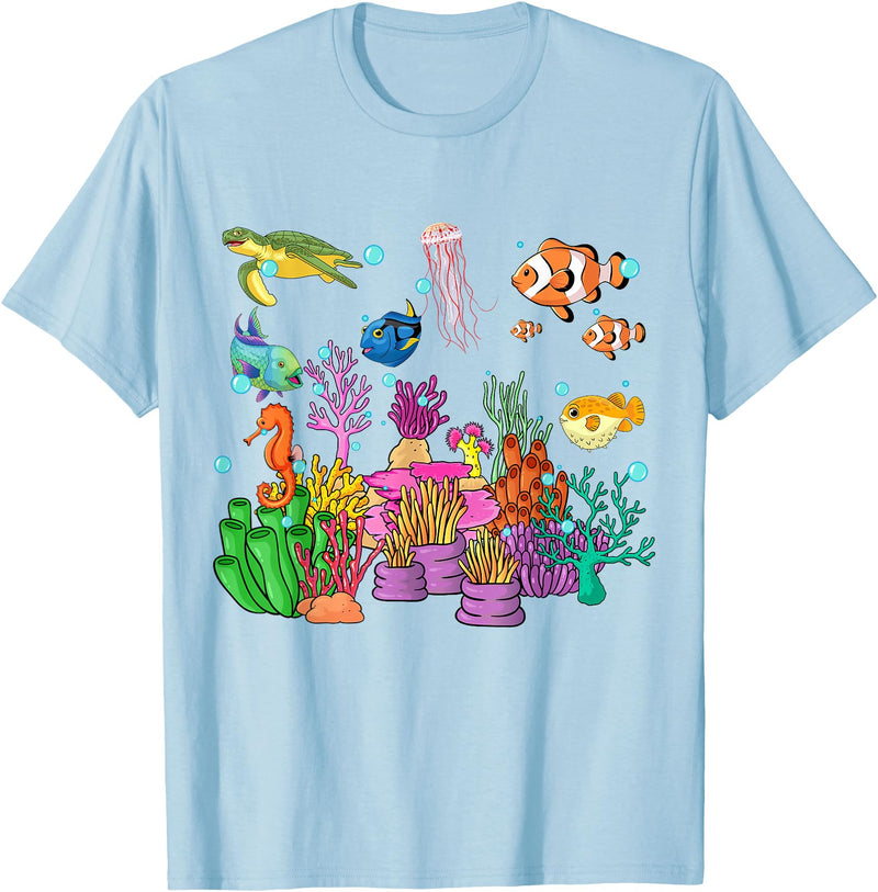 MASH MOSH Coral reef with colorful tropical Fish, Marine Life T-Shirt - Baby Blue