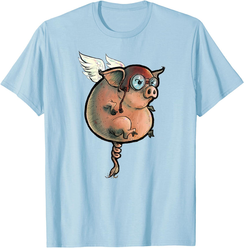 Logic Streetwear Flying Pig Funny Hand Drawn and Painted Art T-Shirt - Baby Blue