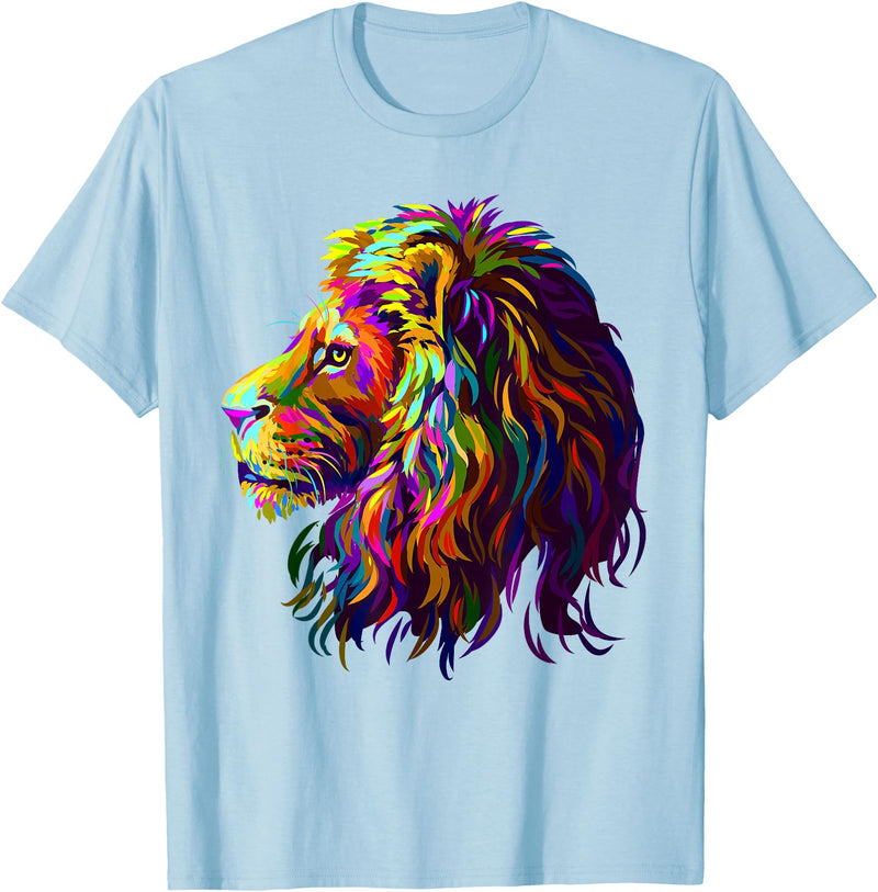 Lion Artistic For Men Women Kids Colorful Lion Head Design Pop Art Style T-Shirt - Baby Blue