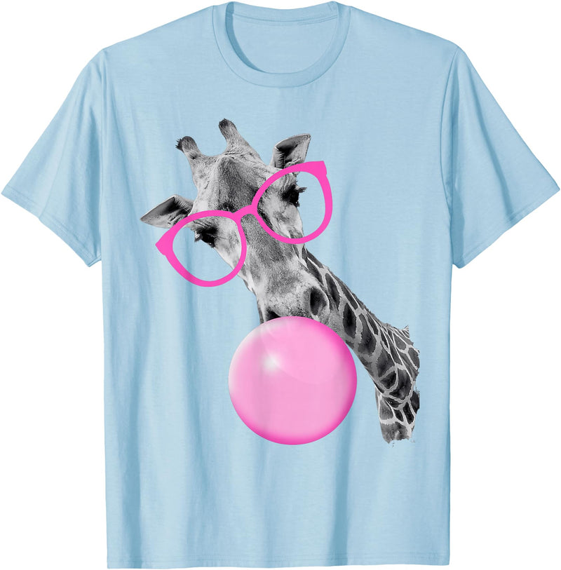 Pink Glasses and Bubblegum Animals Cool Giraffe Blowing Bubble with Pink Glasses – Funny Animal T-Shirt - Baby Blue