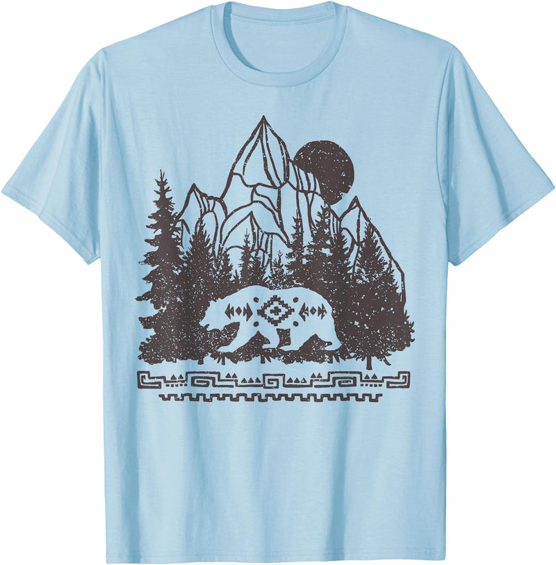 Trendy Apparel Cali Bear Forest And Mountains Background T-Shirt - Baby Blue