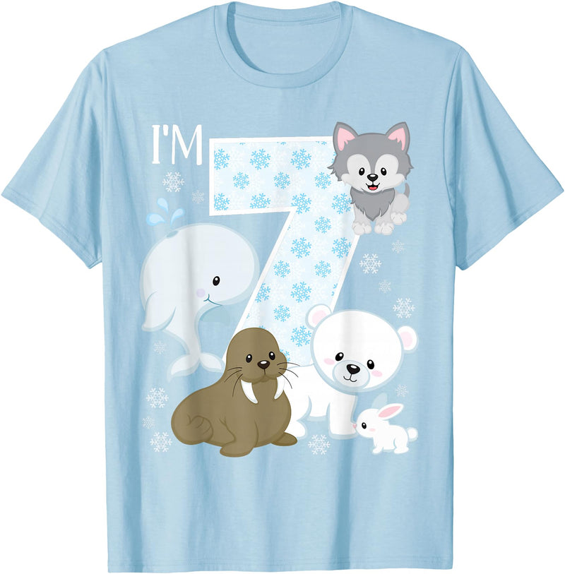 Arctic Animals Birthday Party Family Matching Bday Arctic Animals 7th Birthday Polar Bear Walrus Fox Sea Theme T-Shirt - Baby Blue