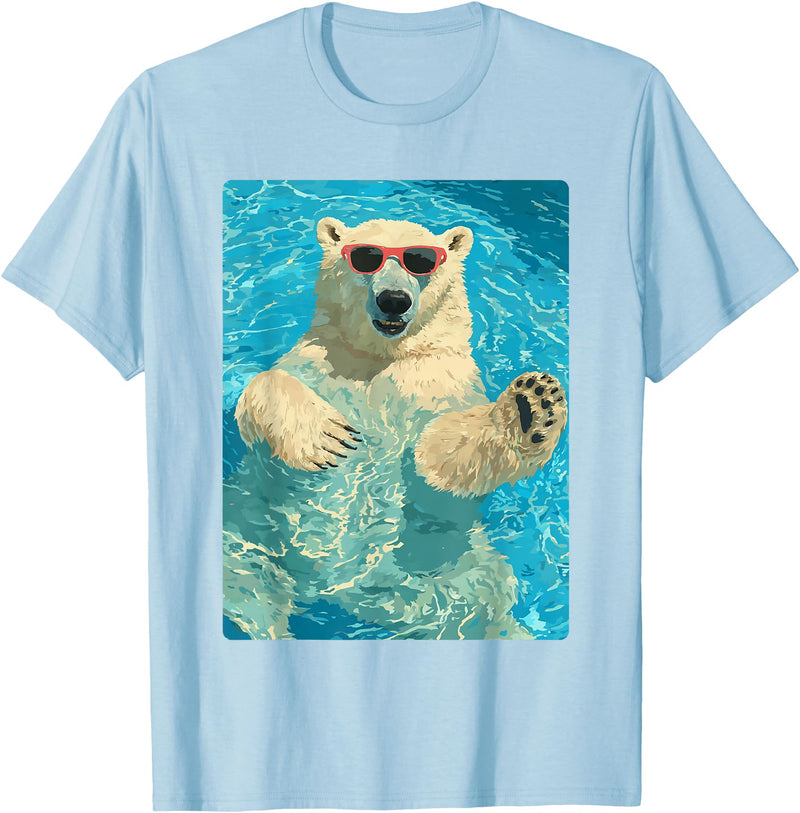 Pool Party Summer Animals Designs Funny Polar Bear with Sunglasses Summer Animal Swimming T-Shirt - Baby Blue