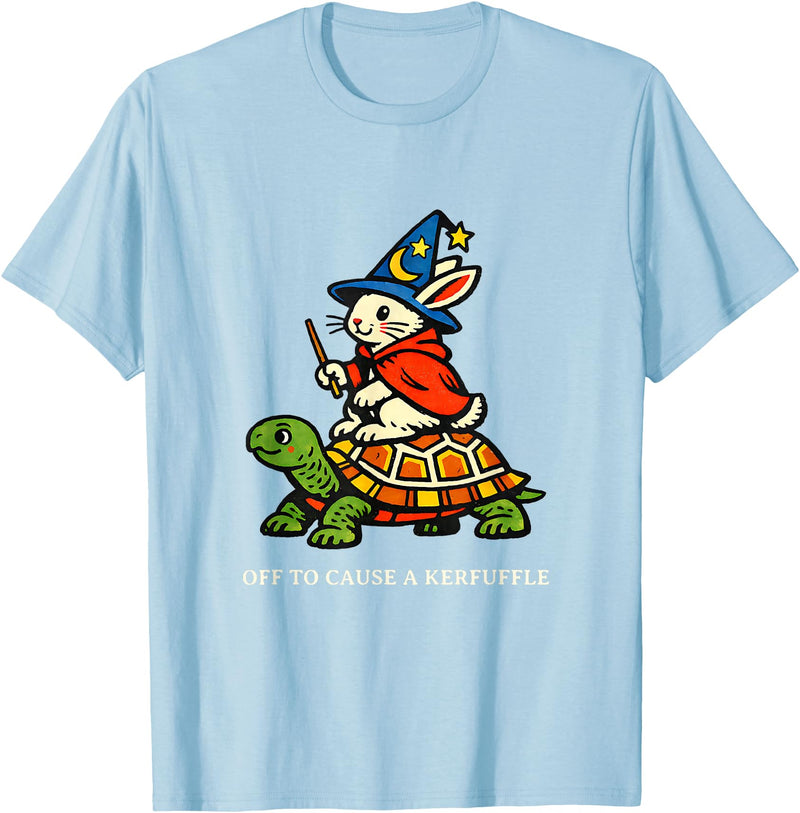 Off to Cause a Kerfuffle Bunny Rabbit Turtle T-Shirt in Baby Blue
