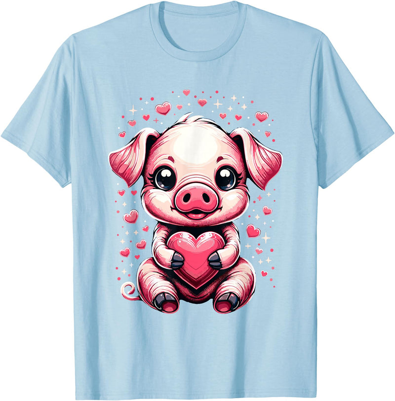 Cute Pig Valentine Apparel Pig Holding Heart Valentine's Day Cute Valentine T-Shirt - Baby Blue