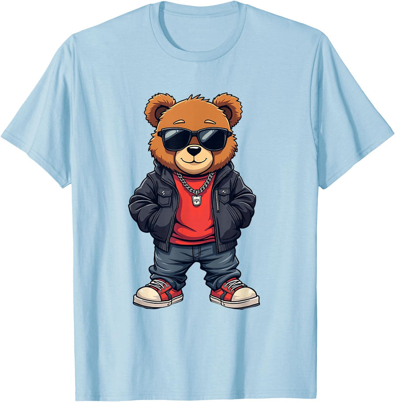 GRAKIMO Cool Teddy Bear Graphic Men Women Boy Girl Kids T-Shirt - Baby Blue