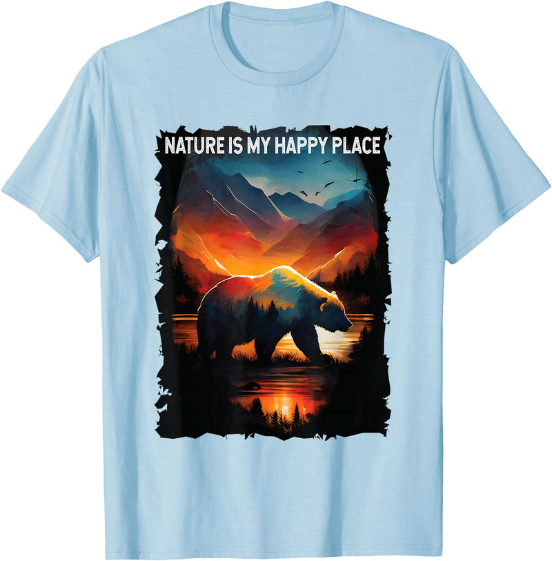 Nature Is My Happy Place Bear Tees Nature Is My Happy Place bear hiking camping mountains T-Shirt - Baby Blue