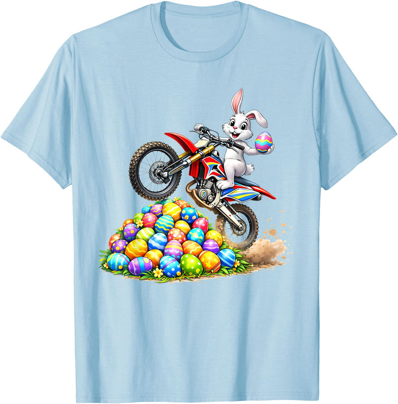 Cool Easter Bunny Dirt Bike Rider Funny Motocross Rabbit T-Shirt in Baby Blue