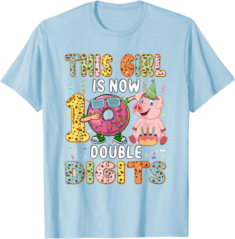 Farmer Birthday Costume Girl Costume 10 Double Digits Funny 10th Birthday Pig T-Shirt - Baby Blue