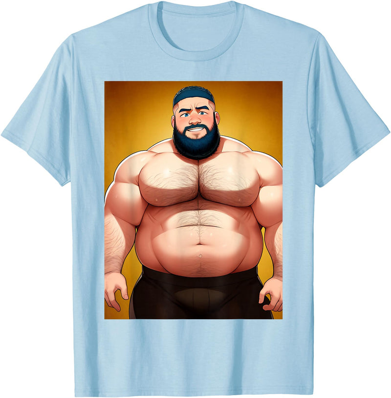 Bara Designs Handsome Shirtless Daddy Bear Anime Manga Bara Style Gay T-Shirt - Baby Blue
