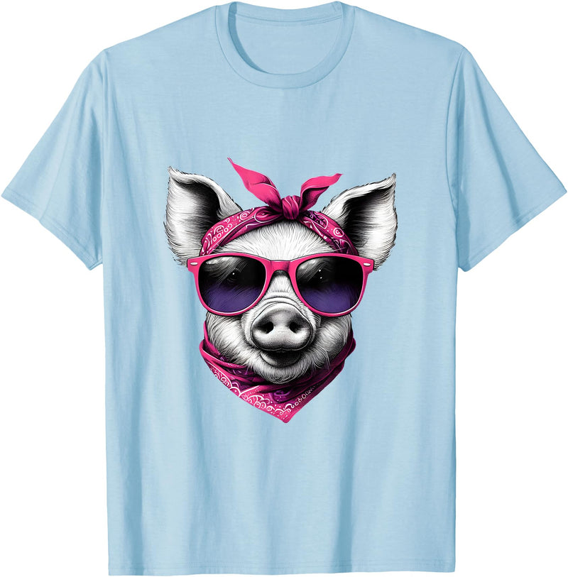 Fashionable Animals Wearing Pink Bandanas Pig Wearing A Pink Bandana Headband And Sunglasses T-Shirt - Baby Blue