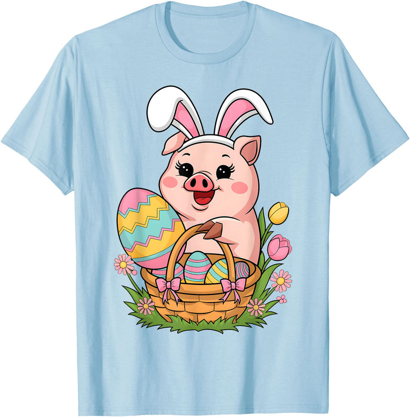 Happy Easter Pig Animal Happy Easter Women Girls Kids Easter Egg Basket Easter Pig T-Shirt - Baby Blue