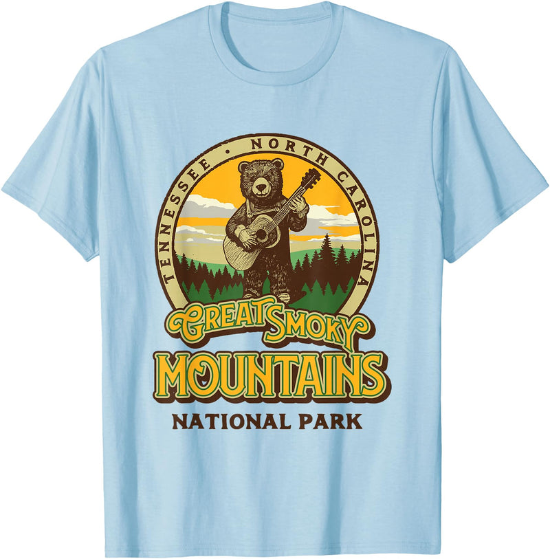 The Thrift Garage Great Smoky Mountains National Park Guitar Bear Cute Smokies T-Shirt - Baby Blue