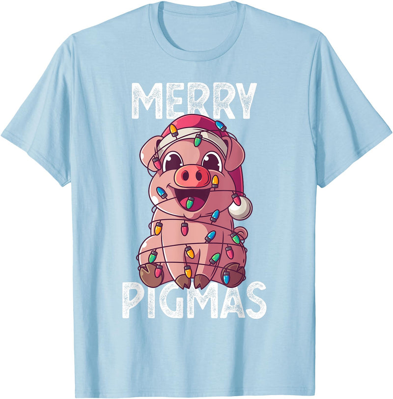 The Weird Shop Merry Pigmas Pig Christmas Santa Pig Xmas Lights Farmer Gift T-Shirt - Baby Blue