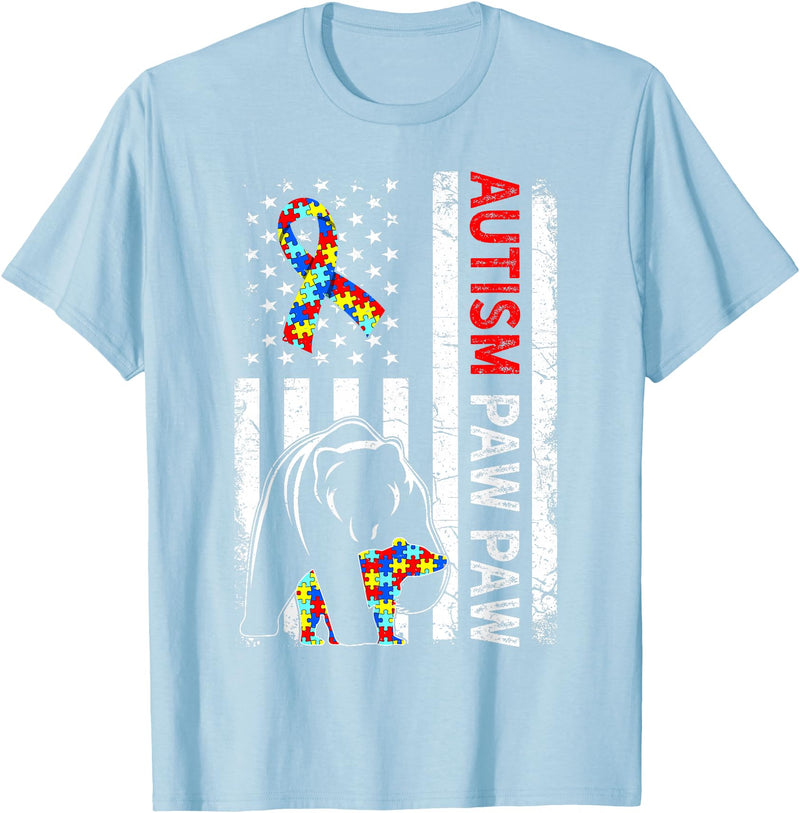 Distressed American Flag Autism Paw Paw Bear Awareness T-Shirt - Baby Blue