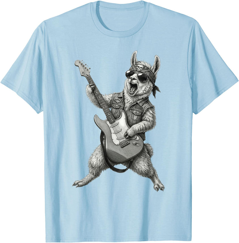 Rock Guitar Llama Stuff Accessories & Gifts Llama Playing Guitar Rock & Roll Llamas Alpaca Rocker Music T-Shirt - Baby Blue