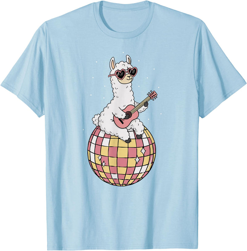 DiscoballAxis1 Funny Llama Disco Dancing Ball Groovy Retro 80s Costume T-Shirt - Baby Blue