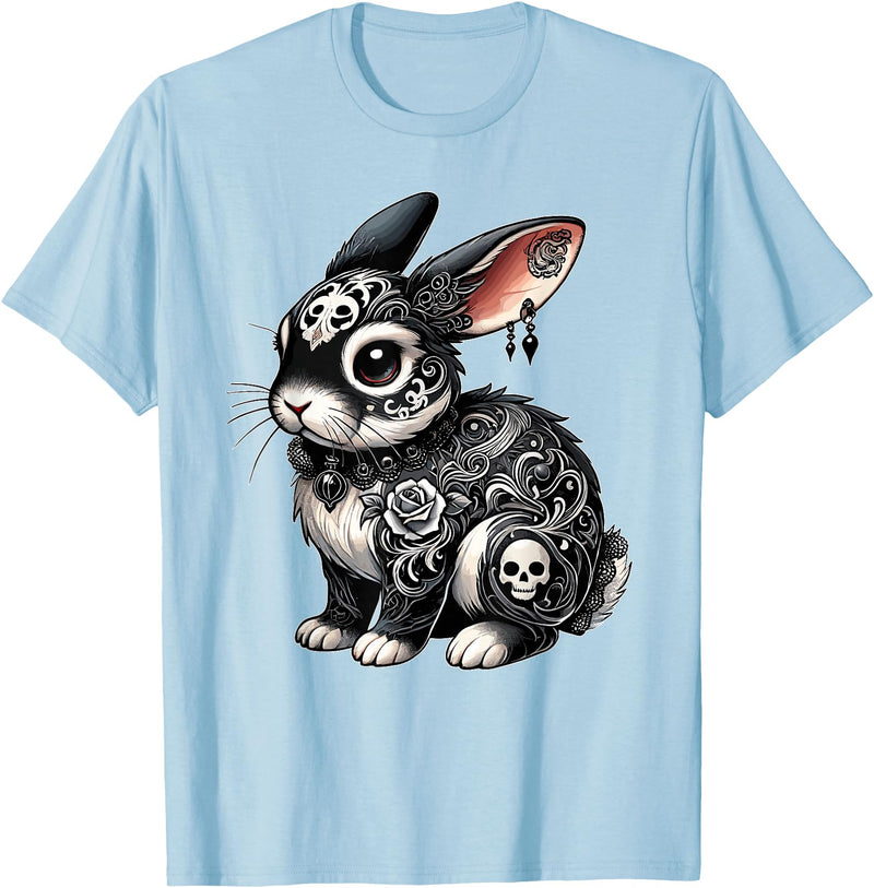 Gothic Filigree Rabbit with Skulls T-Shirt in Baby Blue