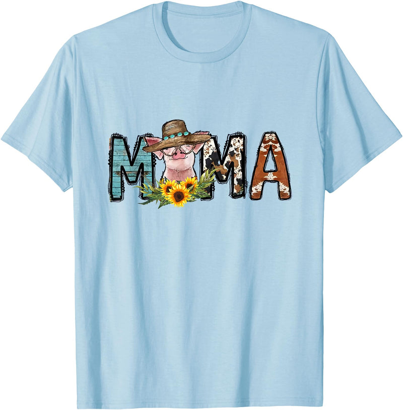 Pig Mama Pig Mom Sunflower Country Farm Life Cowhide T-Shirt - Baby Blue