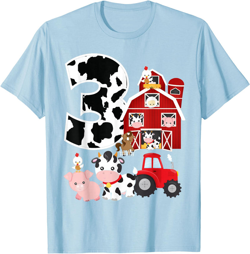 3 Birthday Farm 3 Years Old 3rd Bday Party Supply Farm Barnyard Theme Pig Cow Horse 3rd Birthday 3 Yrs Old T-Shirt - Baby Blue