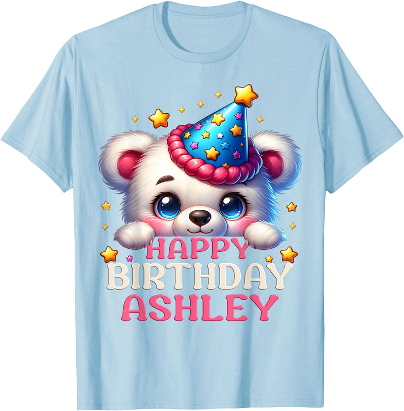 Birthday Teddy Surprise Customized First Name Tee Celebrating Ashley's Birthday Party with a cute Teddy T-Shirt - Baby Blue