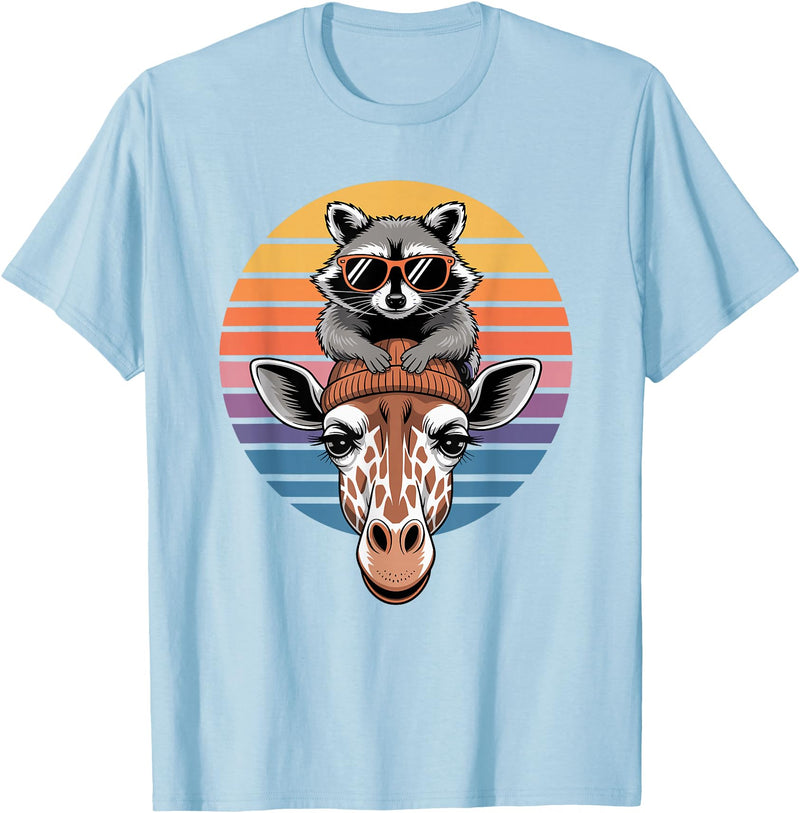 Giraffes Gift For A Giraffe Lover Retro Sunset Giraffe Raccoon Giraffes T-Shirt - Baby Blue
