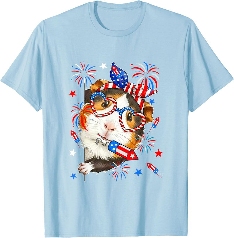 Rodent 4th Of July Costume Guinea Pig Sunglasses US Flag Bow Tie Fireworks 4th July T-Shirt - Baby Blue