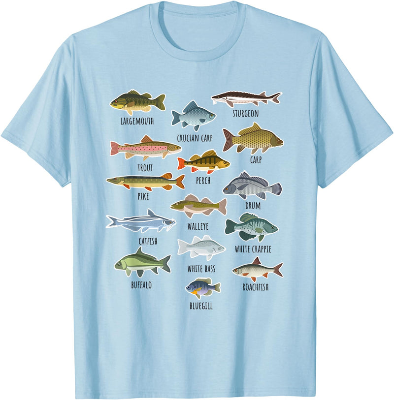 NABZR Angeln Geschenke & T-Shirts Types of Freshwater Fish Fishing T-Shirt - Baby Blue