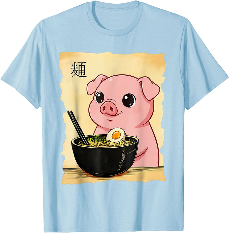Funny Pig Anime Eating Ramen Pig Ramen Japanese Kawaii Anime Pig T-Shirt - Baby Blue