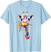 Colorful Floral Giraffe Rainbow Style Rainbow Giraffe with Flowers T-Shirt - Baby Blue