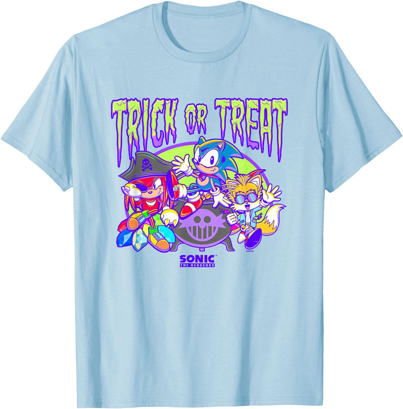 Sonic The Hedgehog Halloween Trick Or Treat Retro Neon Logo T-Shirt - Baby Blue