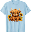 Cute Scottish Highland Cow Sunflower Highland Cow Farm T-Shirt - Baby Blue