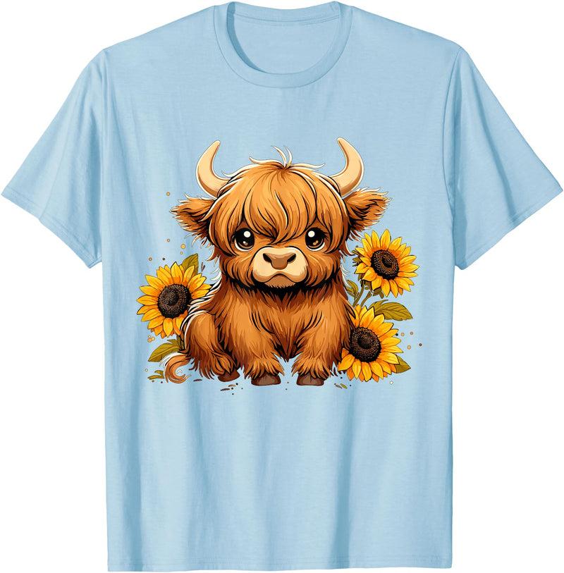 Cute Scottish Highland Cow Sunflower Highland Cow Farm T-Shirt - Baby Blue