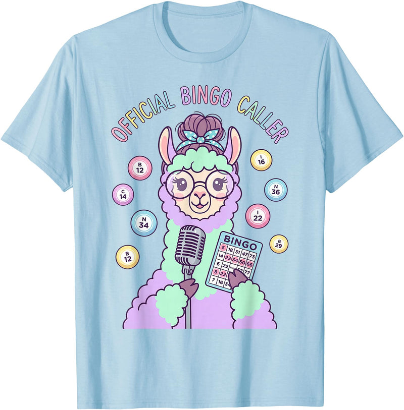 Cute Bingo Caller Activity Staff Gear Official Bingo Caller Llama Funny Activity Director Alpaca T-Shirt - Baby Blue
