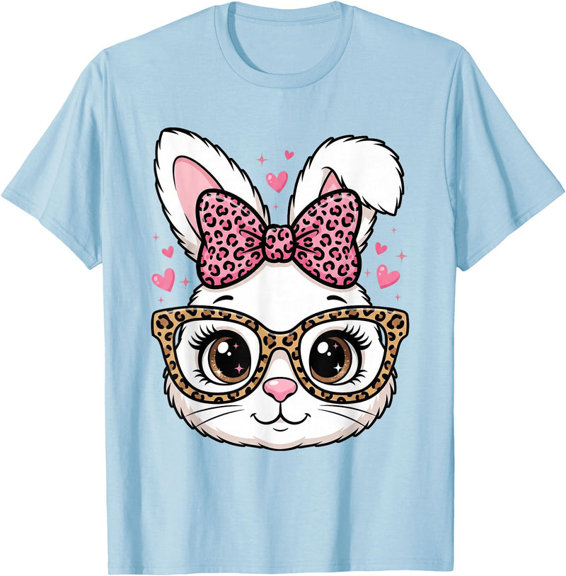 Cute Easter Rabbit Face Leopard Bow Sunglasses Bunny Girls T-Shirt in Baby Blue