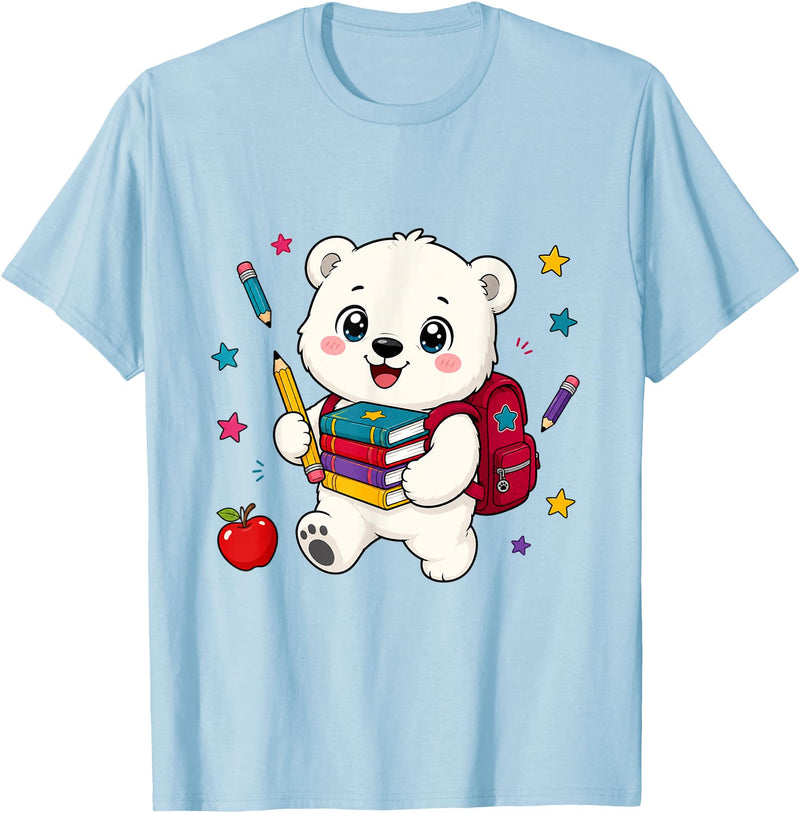 HyggeGoods Cute Polar Bear Back to School Kids Teacher Student T-Shirt - Baby Blue