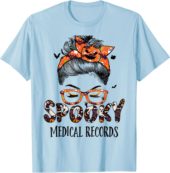 TeeaxArt Spooky Halloween Gifts Messy Bun Spooky Medical Records Pumpkin Halloween Bat T-Shirt - Baby Blue