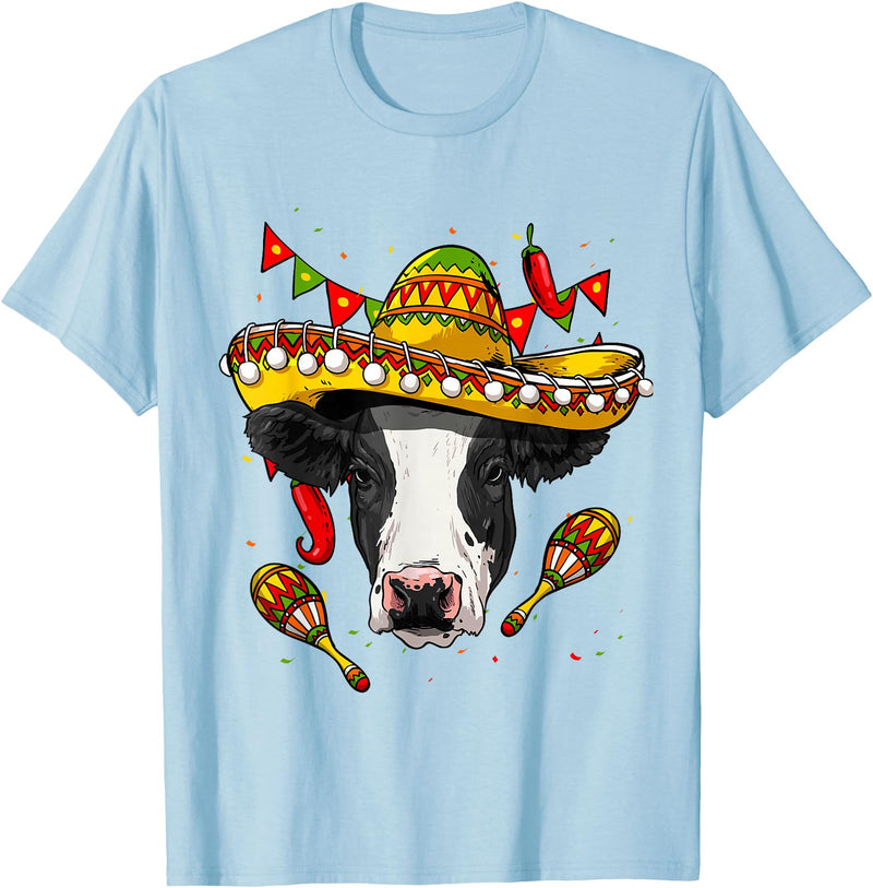 Wowsome! Cinco de Mayo Cow Mexican Lover Sombrero Cow T-Shirt - Baby Blue