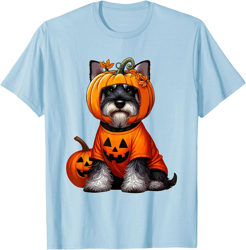 Dog Thanksgiving Costume Schnauzer Cosplay Horror Carved Pumpkin Halloween Owner Kids T-Shirt - Baby Blue
