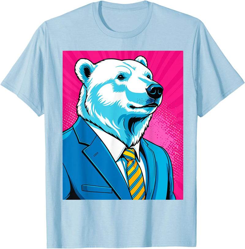 Pop Art Graphic Designs Co. Pop Art Polar Bear in Business Suit T-Shirt - Baby Blue