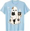 Halloween Cute Ghost Holding Black Cat Spooky Ghost Holding Black Cat Coffee Lover Funny Halloween T-Shirt - Baby Blue