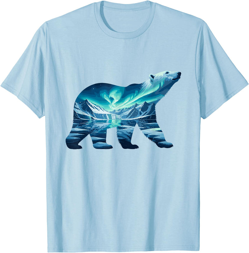 Arctic Wildlife Aurora Borealis Polar Bear Nature Northern Lights Polar Bear Arctic Landscape T-Shirt - Baby Blue