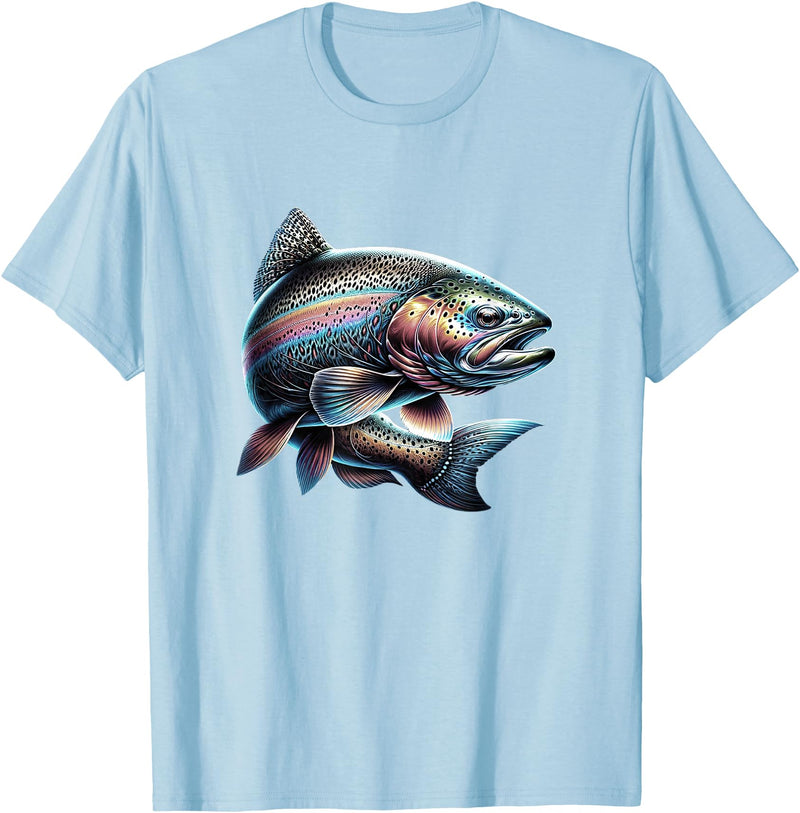 Steelhead Fishing - Unisex Adults & Kids Fishing T-Shirt - Black - Small - Short Sleeve - Cotton & Polyester - Modern Fish Graphic - Crew Neck - Regular Fit - Pull On - Imported - Baby Blue