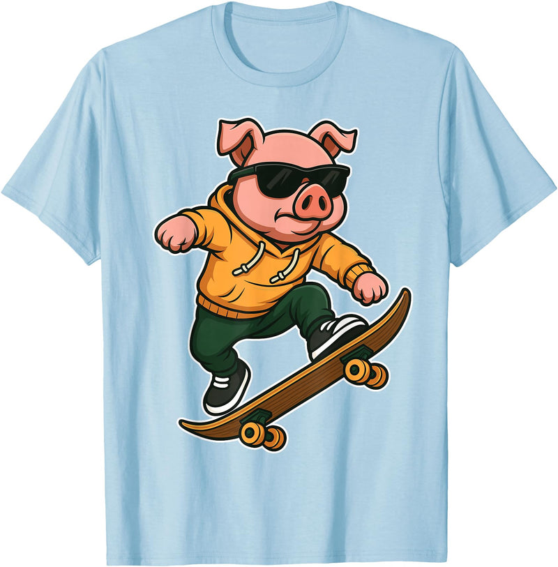 Pig Skateboarding Skater Men Boys Kids Skateboard Pig Riding Skateboard Skater Pig Graphic T-Shirt - Baby Blue